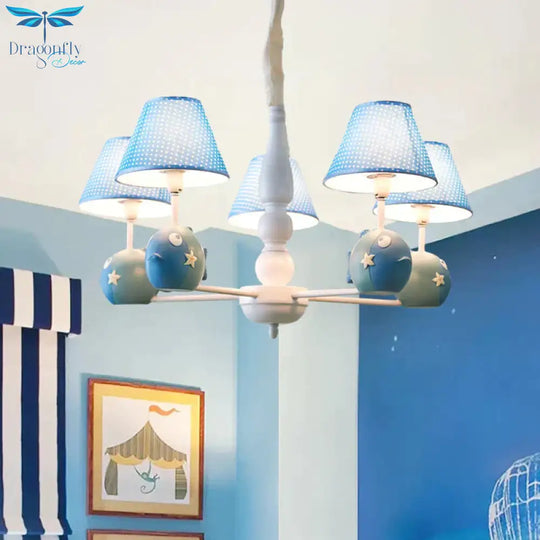 Blue Dot Shade Chandelier With Fish 5 Bulbs Modern Style Metal Hanging Light For Study Room