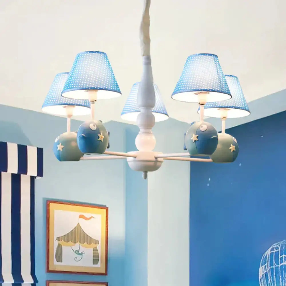Blue Dot Shade Chandelier With Fish 5 Bulbs Modern Style Metal Hanging Light For Study Room
