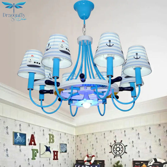 Blue Tapered Shade Hanging Chandelier Seaside Fabric Lights For Living Room