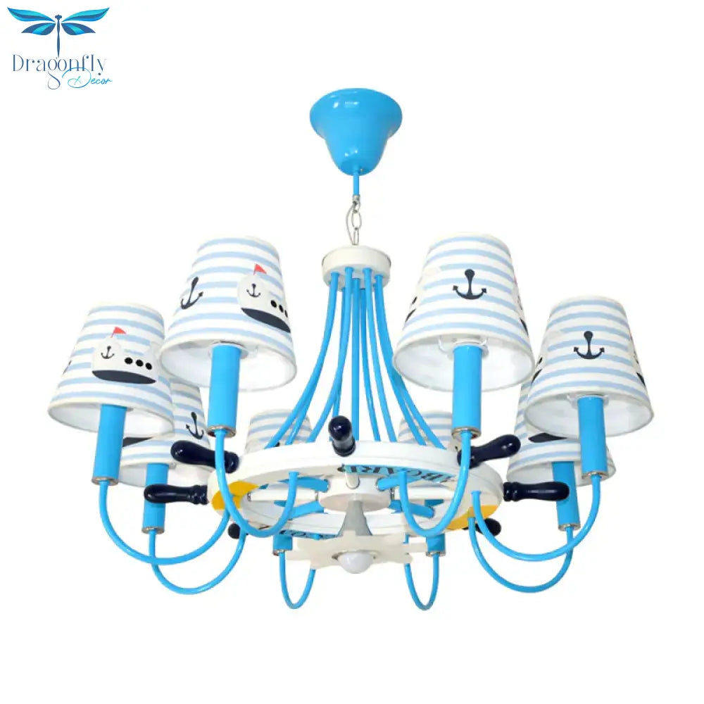 Blue Tapered Shade Hanging Chandelier Seaside Fabric Lights For Living Room