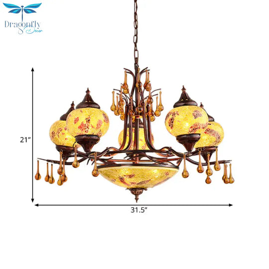 Blue/Yellow 8 Lights Chandelier Lighting Fixture Moroccan Stained Glass Globe Hanging Ceiling Light