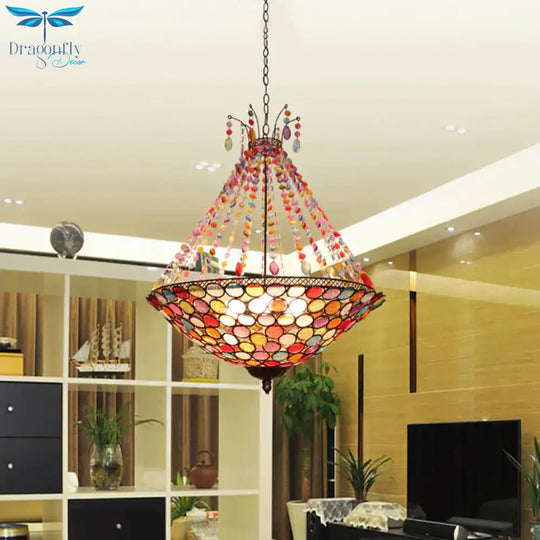 Bohemia Antique Copper Pendant Lighting With Bowl Shade 1/3/5 - Bulb Crystal Ceiling Hanging Light