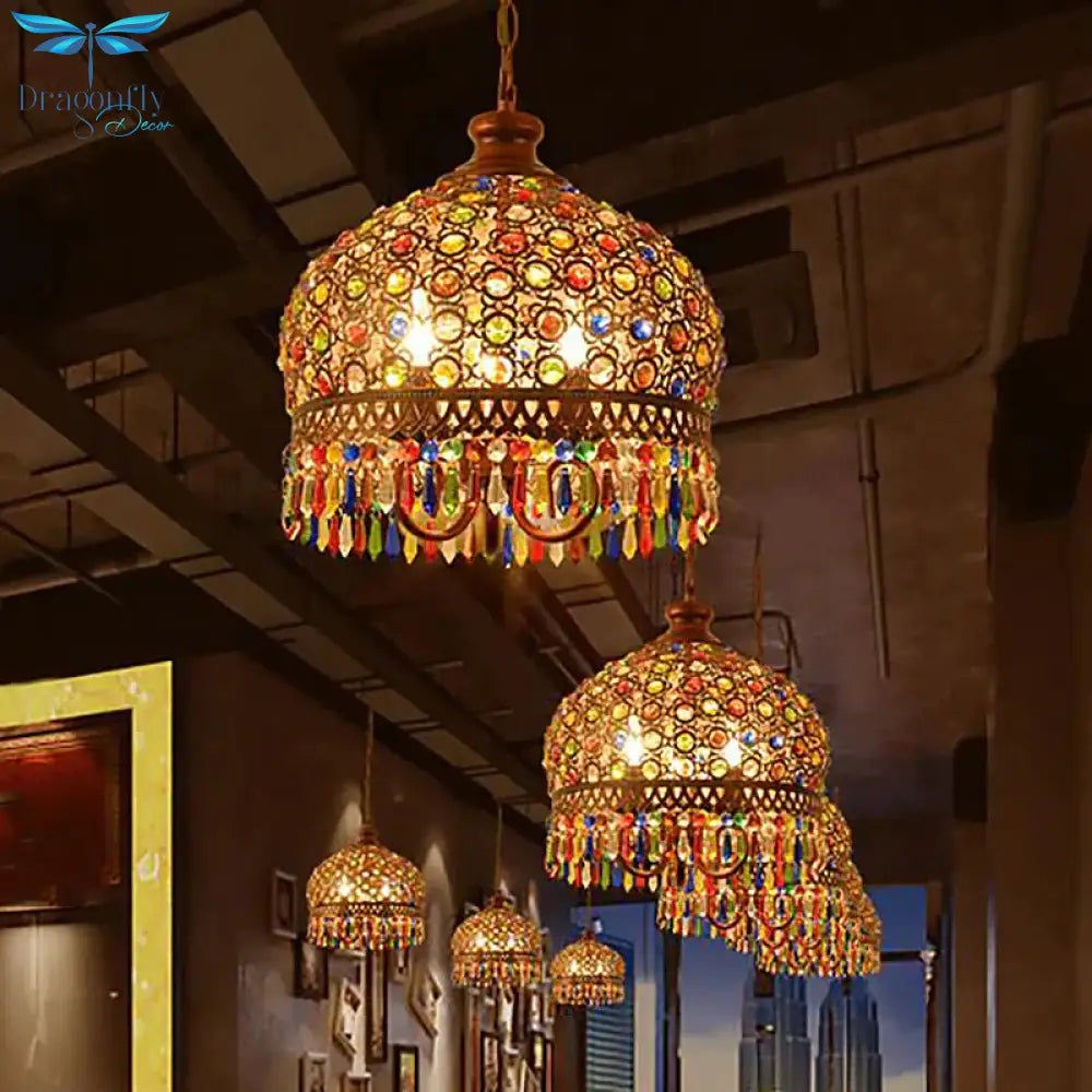 Bohemia Domed Pendant Light Fixture Crystal 1/3 Lights Suspension In Copper For Restaurant