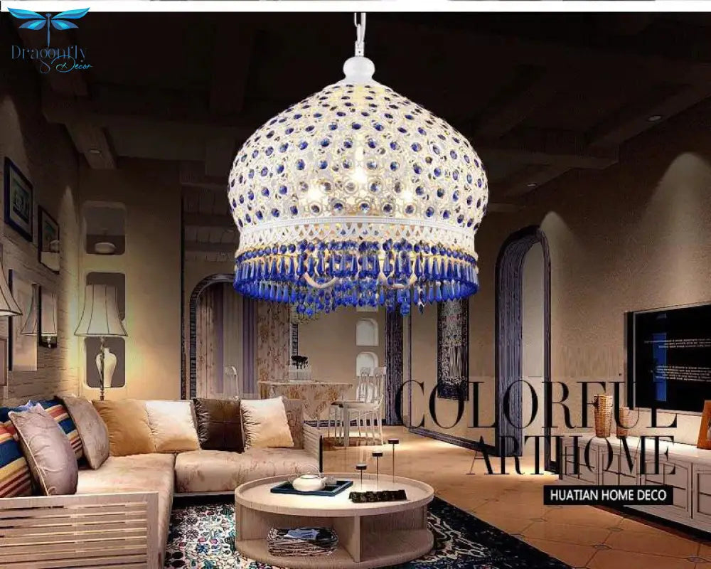 Bohemian Mediterranean Blue Crystal Ceiling Drop Light Pendant Lamp Lampshade Lighting Fixture For