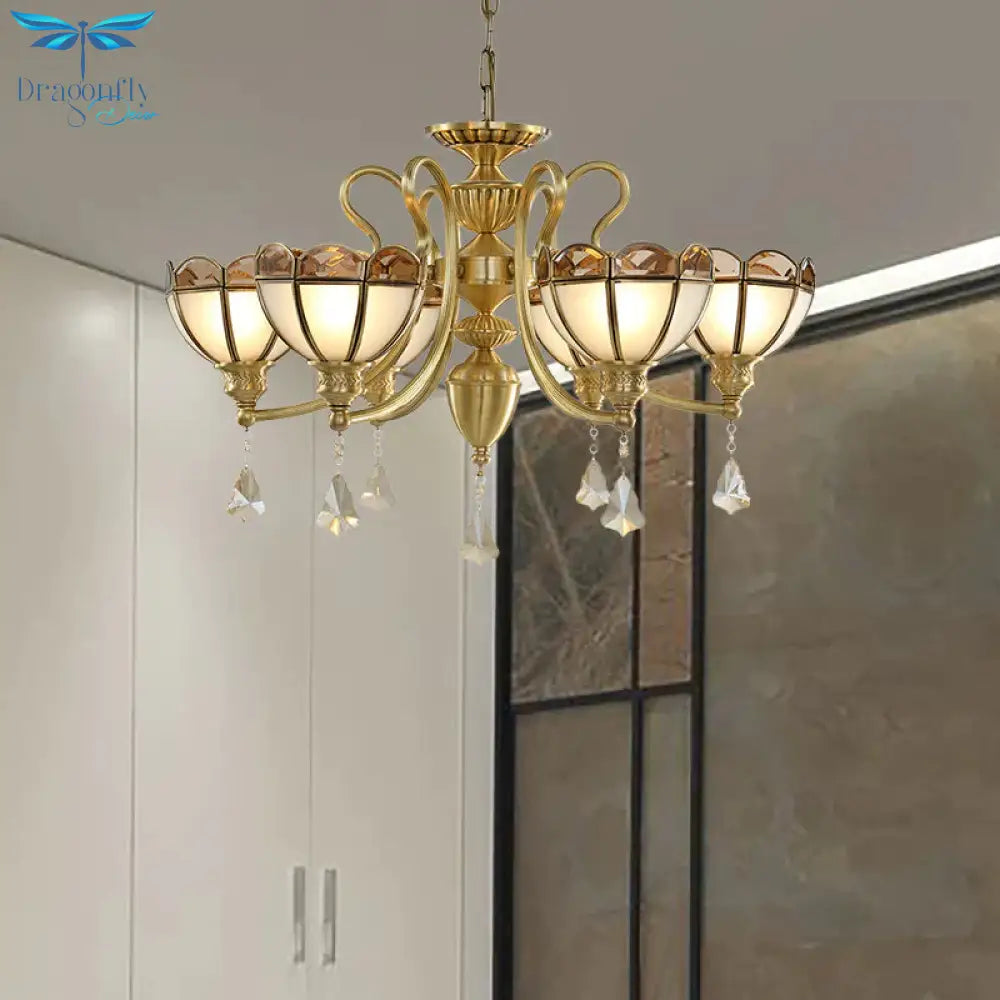 Bowl Frosted Glass Suspension Pendant Colonial 6 Bulbs Living Room Chandelier Lighting In Gold