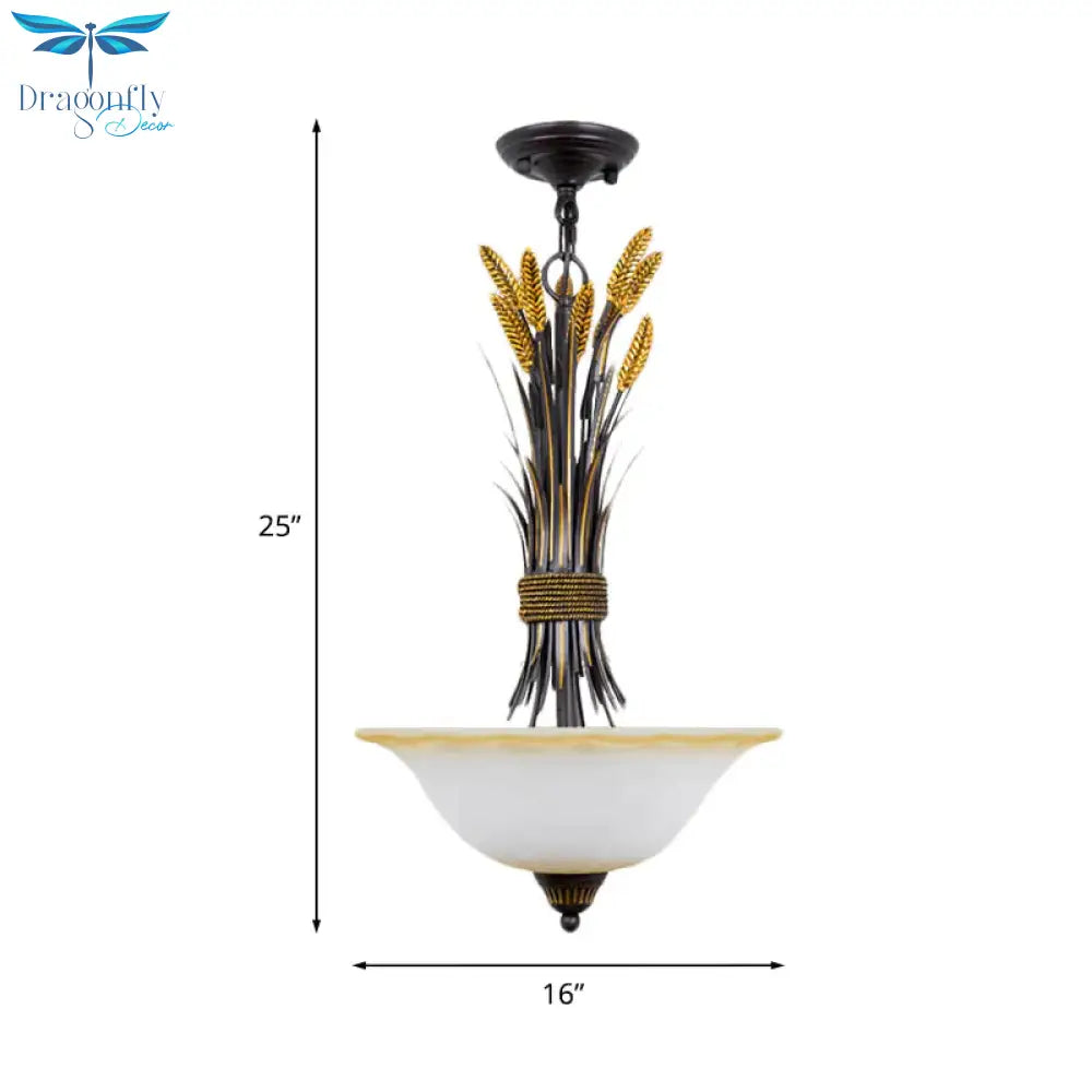 Bowl Shape Bedroom Chandelier Light Traditional Opal Glass 3 Bulbs Black - Gold Hanging Lamp With