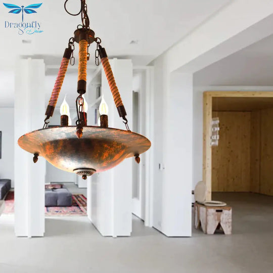 Bowl Shape Ceiling Fixture Industrial Style Metal 5 Lights Hanging Lamp In Rust For Indoor Lighting