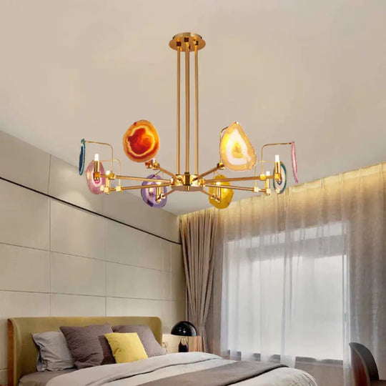 Branch Metal Ceiling Lighting Fixture Modern 6/8/10 - Head Gold Up Chandelier Pendant With Agates 8