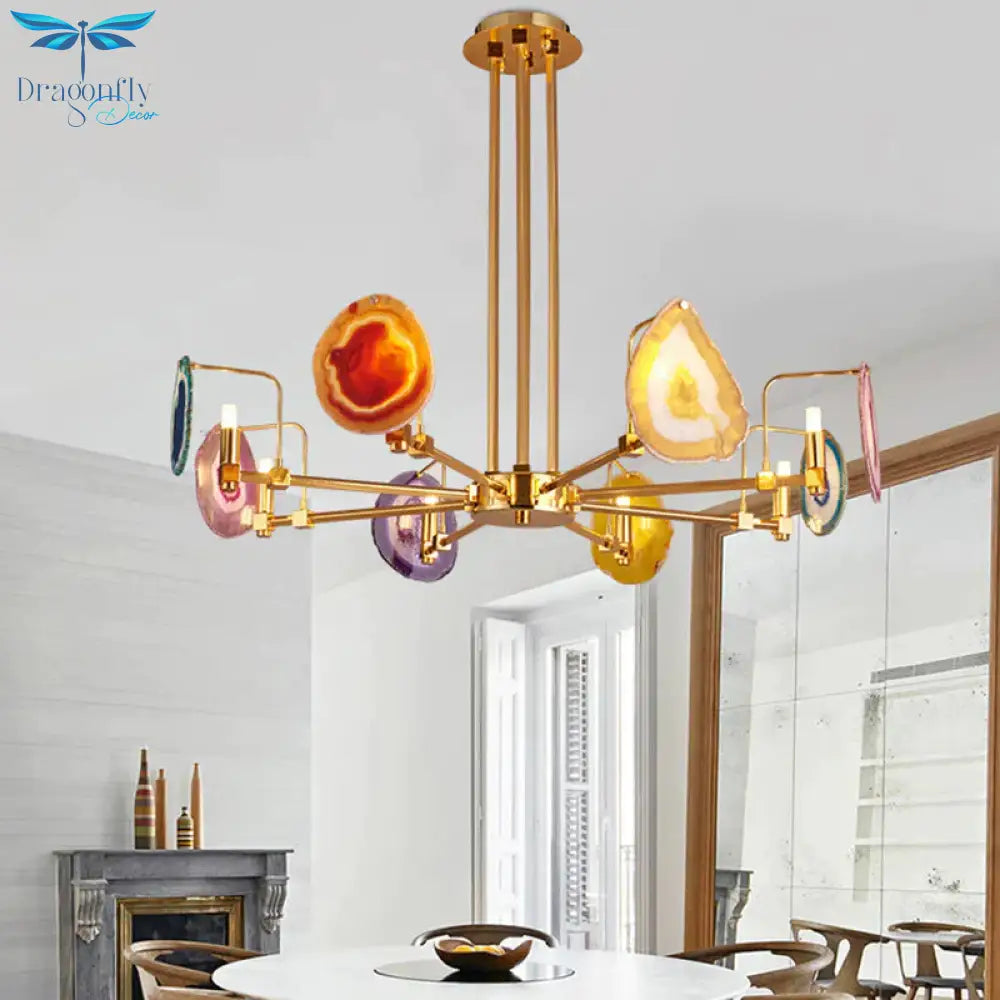 Branch Metal Ceiling Lighting Fixture Modern 6/8/10 - Head Gold Up Chandelier Pendant With Agates