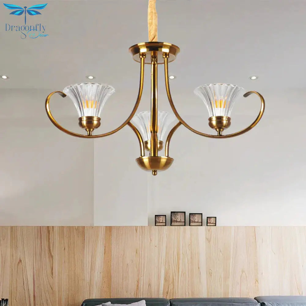Brass 3/6 Lights Chandelier Light Fixture Classic Clear Ribbed Glass Scroll Pendant Lamp With Bell
