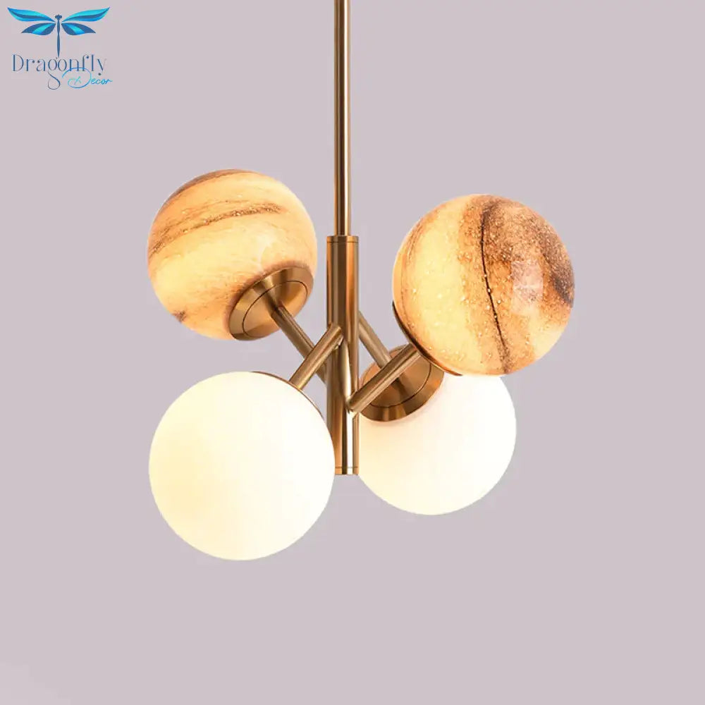Brass Ball Hanging Lamp Kit Cartoon 4 Heads Multi Colored Glass Ceiling Pendant With Straight Arm