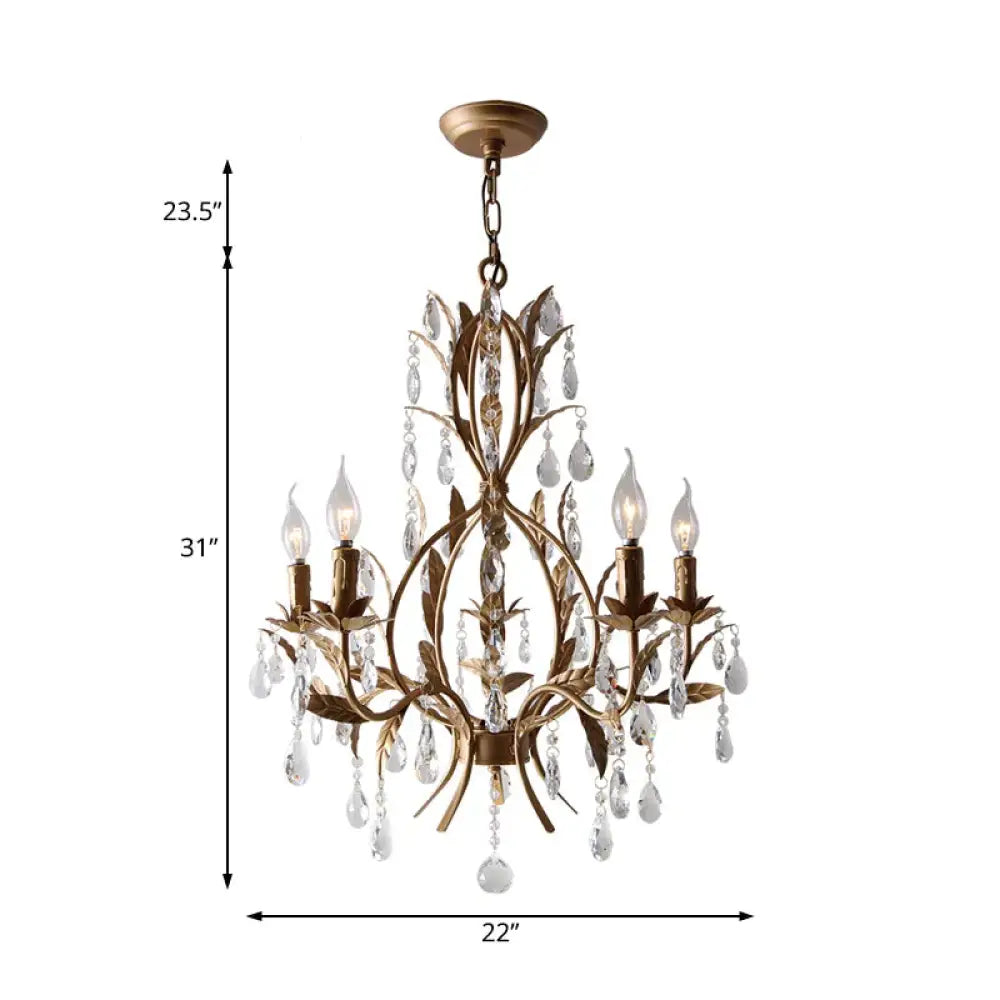 Brass Candle Chandelier Lamp Retro 5 Heads Metal Ceiling Pendant Light With Crystal Teardrop
