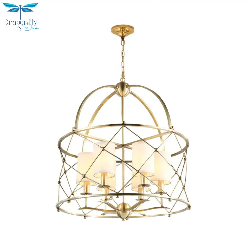 Brass Cylindrical Chandelier Lamp Nordic Metal 6 Heads Pendant Lighting Fixture With Fabric Shade