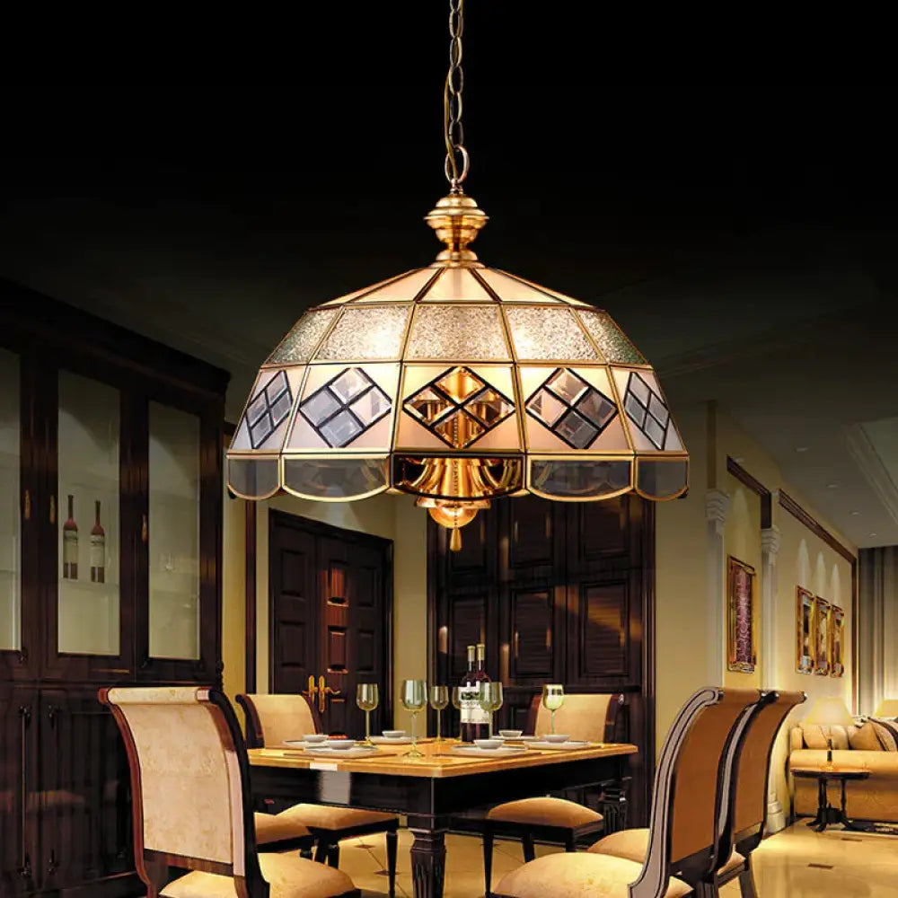 Brass Hemisphere Chandelier Colonial Frosted Glass 4 Bulbs Pendant Light Fixture For Living Room