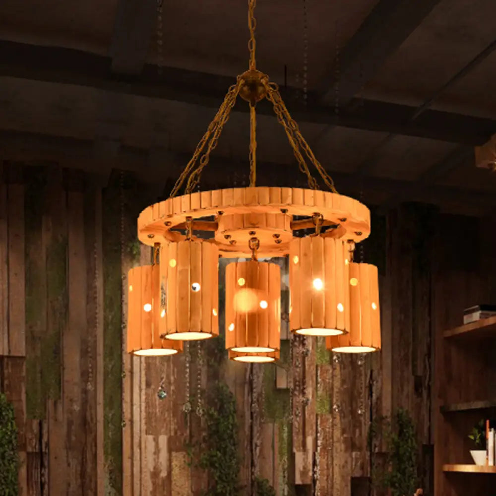 Brielle - Beige Etched Cylinder Hanging Chandelier Farmhouse Bamboo 6 Lights Restaurant Suspension