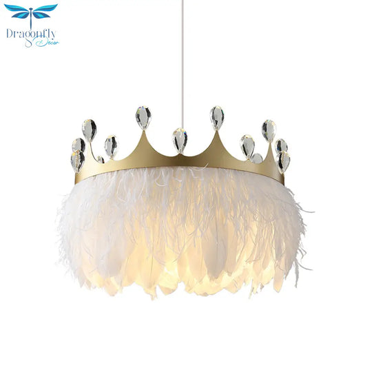 Bronte - Crown Feather Pendant Light Nordic 1 Head Gold Hanging Lamp With Clear Crystal Accent
