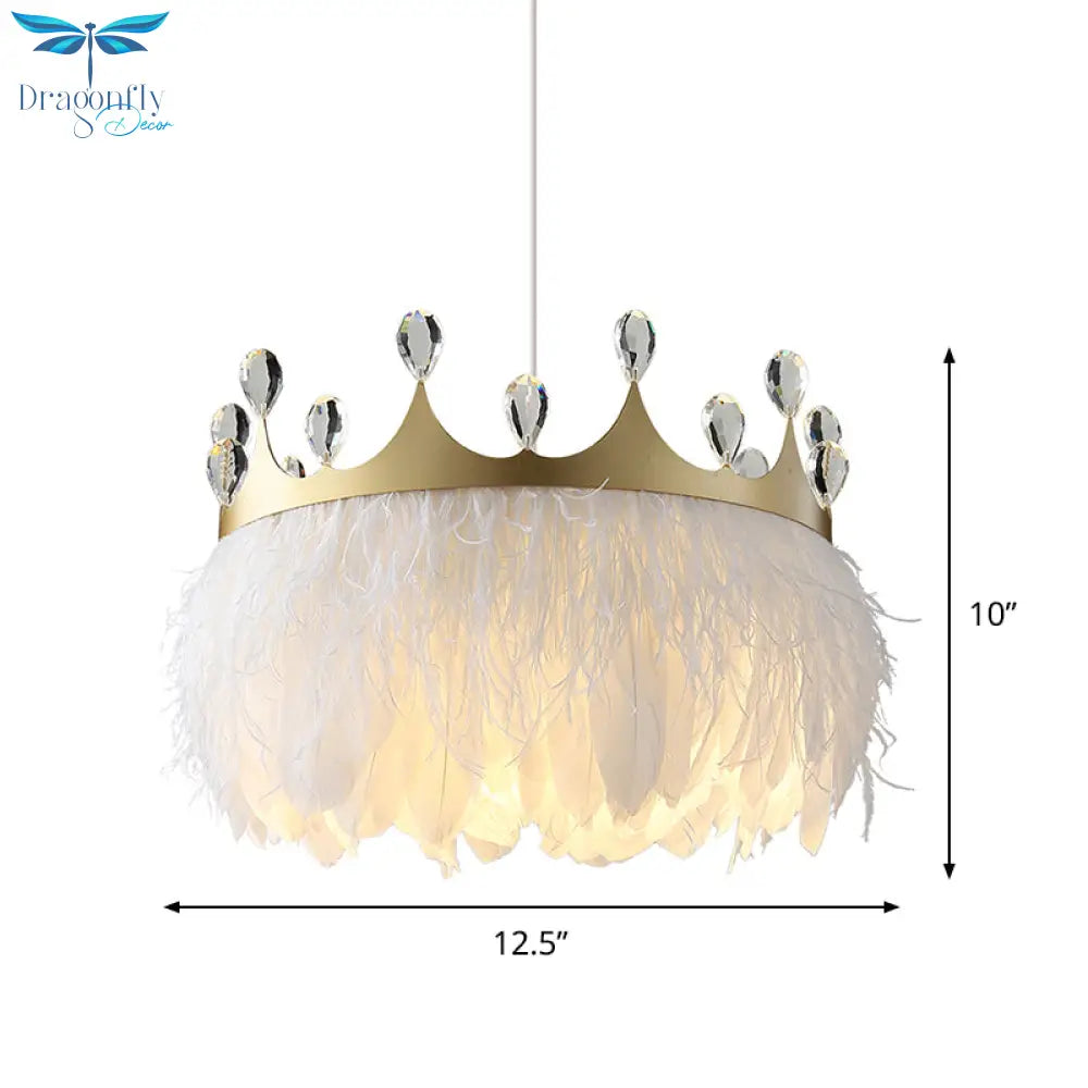 Bronte - Crown Feather Pendant Light Nordic 1 Head Gold Hanging Lamp With Clear Crystal Accent