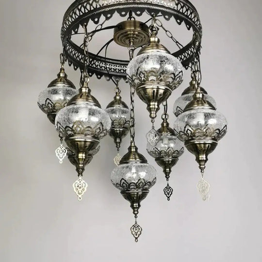 Bronze Elliptical Hanging Ceiling Light Vintage Clear Crackle Glass 9 - Head Bedroom Pendant