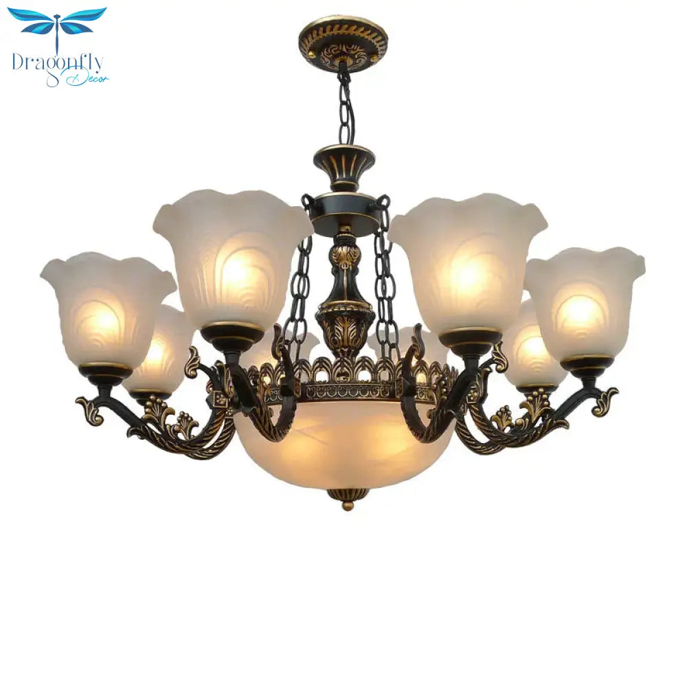 Bronze Flared Pendant Lighting Traditional Frosted Textured Glass 9/11 Light Living Room Chandelier