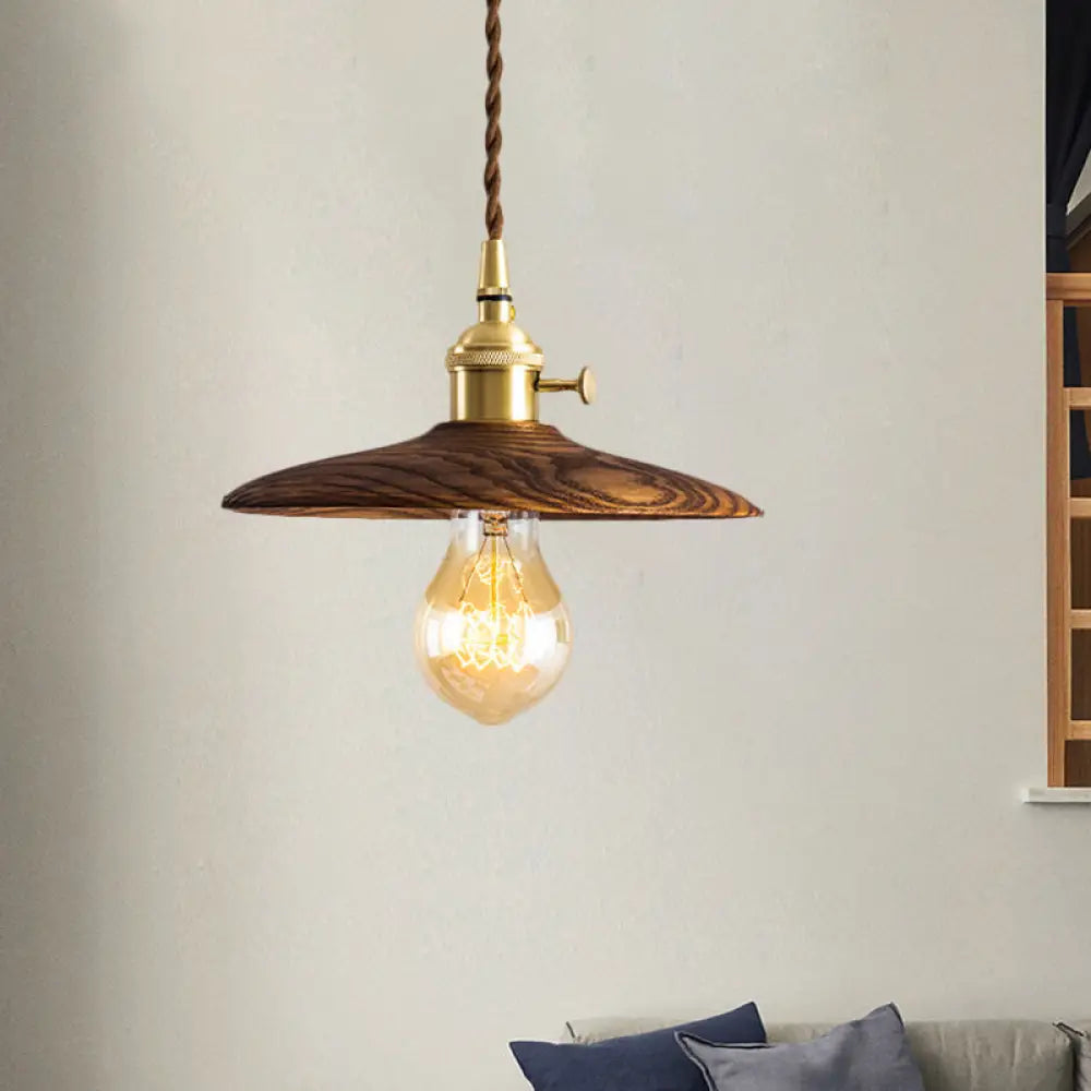 Brown/Beige Conical Living Room Suspension Light - 1 Contemporary Hanging Lamp In Wood Finish Brown