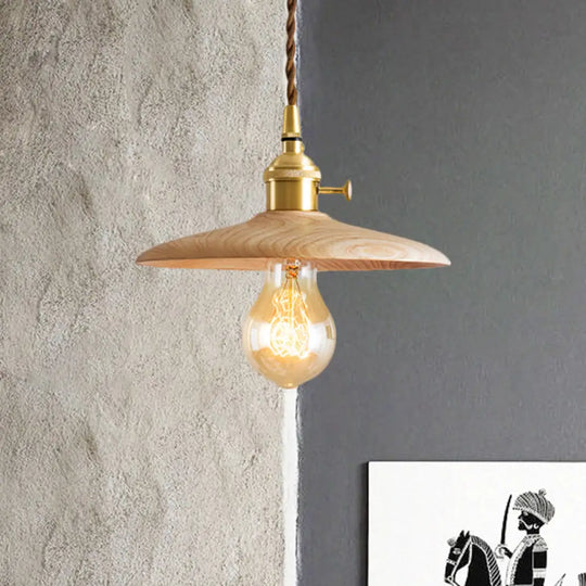Brown/Beige Conical Living Room Suspension Light - 1 Contemporary Hanging Lamp In Wood Finish Beige