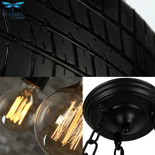 Cafe Car Tire Pendant Lamp Rubber 6 Lights Vintage Stylish Chandelier In Black