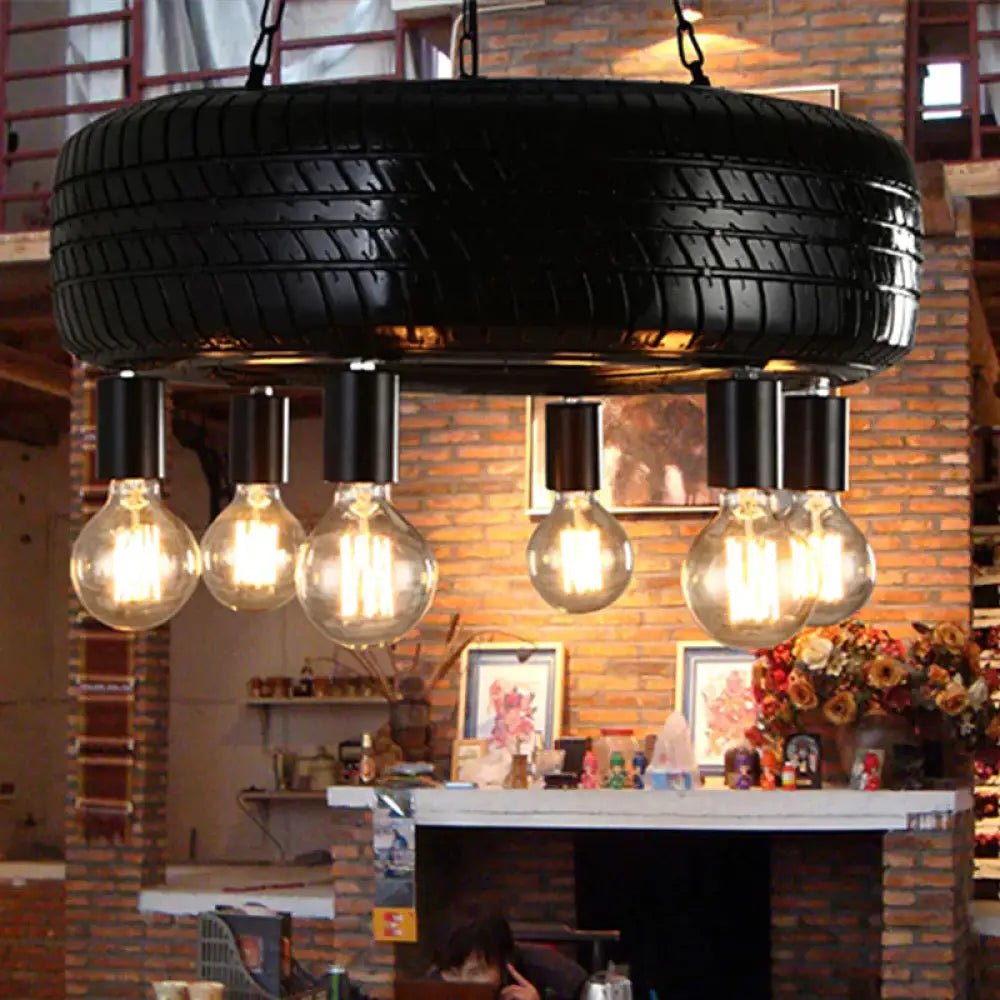 Cafe Car Tire Pendant Lamp Rubber 6 Lights Vintage Stylish Chandelier In Black