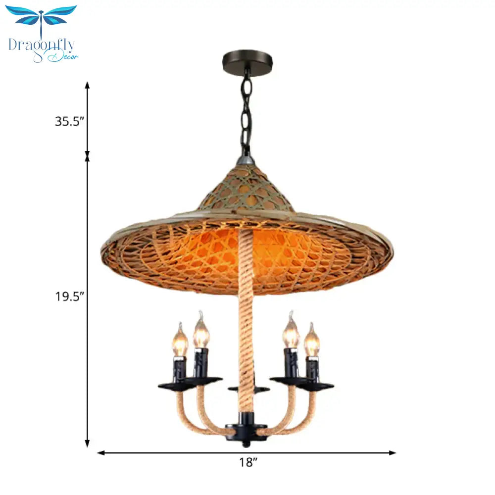 Candle Chandelier Lighting With Hat Design Lodge Style Rattan 5 Lights Beige Hanging Lamp For