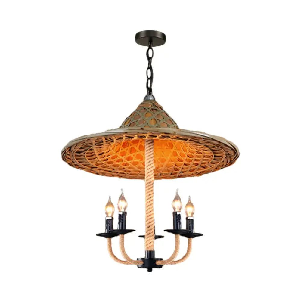Candle Chandelier Lighting With Hat Design Lodge Style Rattan 5 Lights Beige Hanging Lamp For