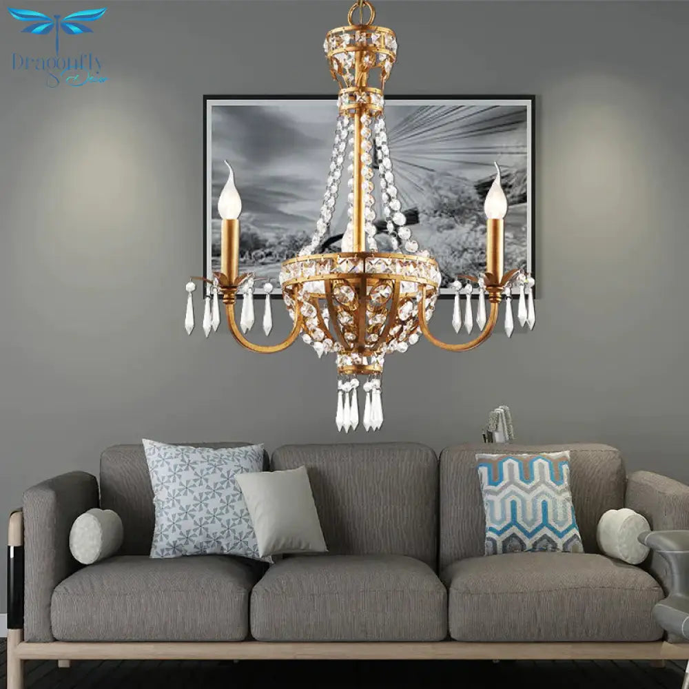 Candle Crystal Chandelier Lamp Country 3 Lights Dining Room Pendant Lighting In Gold