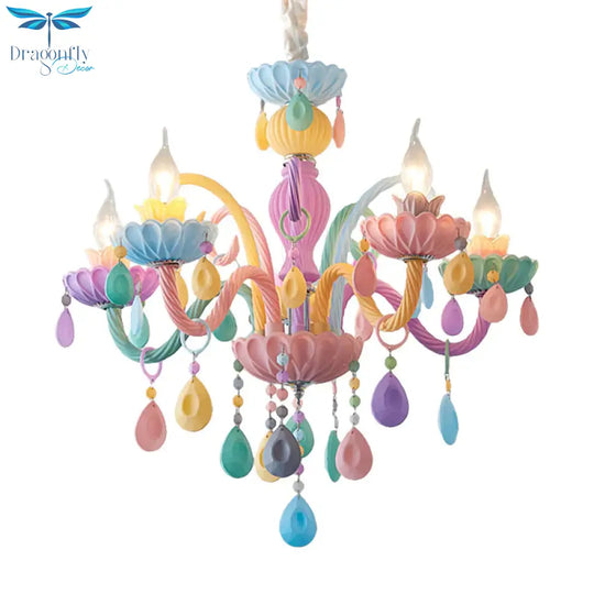 Candle Kid Bedroom Chandelier Glass Macaron Style Multi - Color Suspension Light With Teardrop