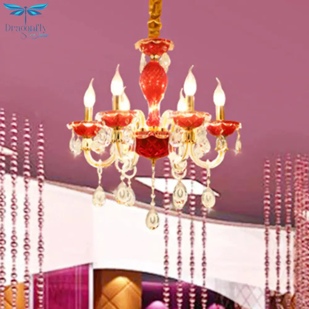 Candle Restaurant Hanging Lamp Kit Traditional Crystal Drip 6/8 Lights Red Chandelier Lighting