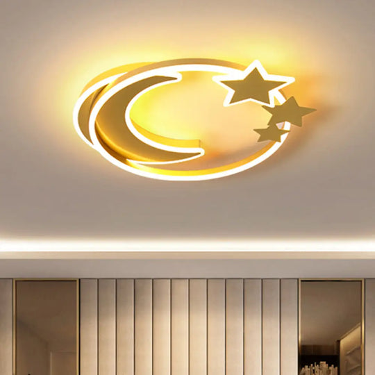 Cartoon Crescent And Star Flushmount Led Ceiling Light For Kids Bedroom Gold / 18.5’ Warm
