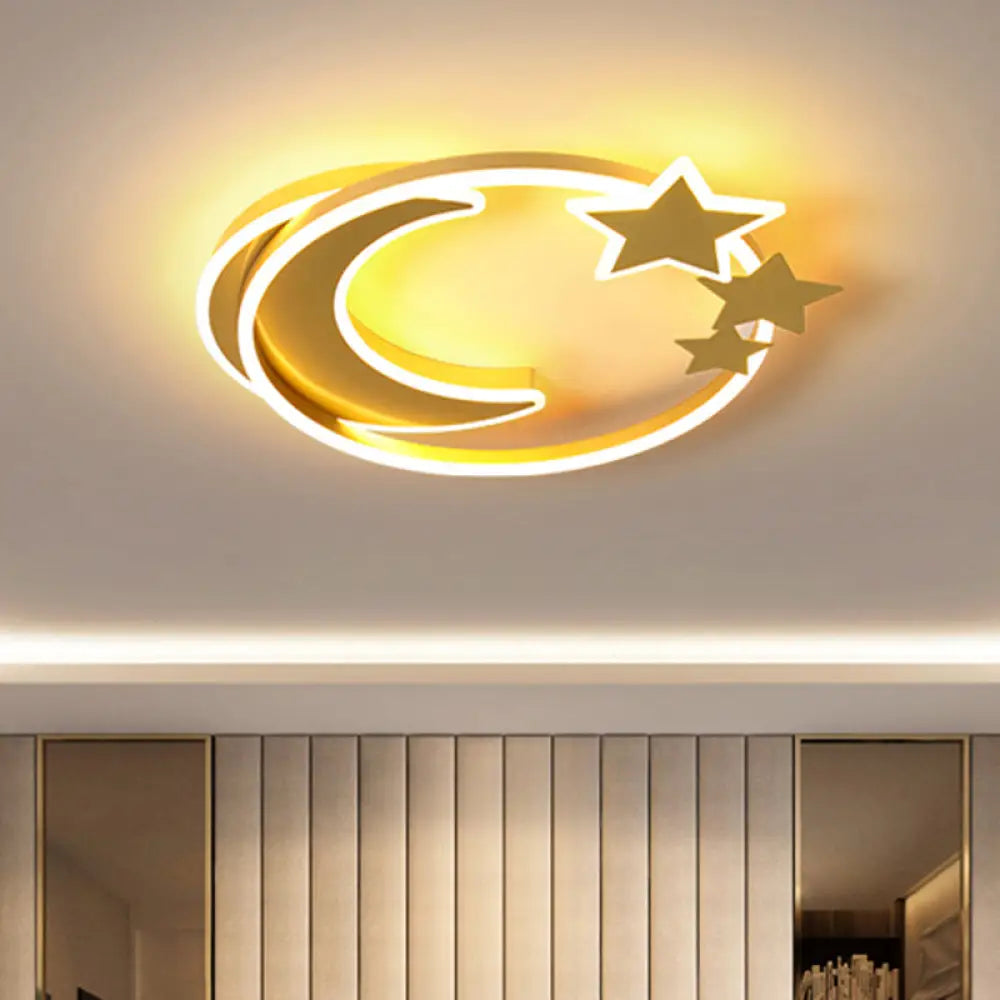 Cartoon Crescent And Star Flushmount Led Ceiling Light For Kids Bedroom Gold / 23.5’ Warm