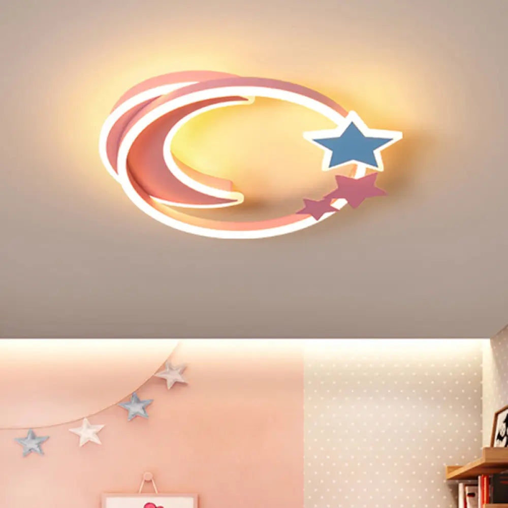 Cartoon Crescent And Star Flushmount Led Ceiling Light For Kids Bedroom Pink / 18.5’ Third Gear