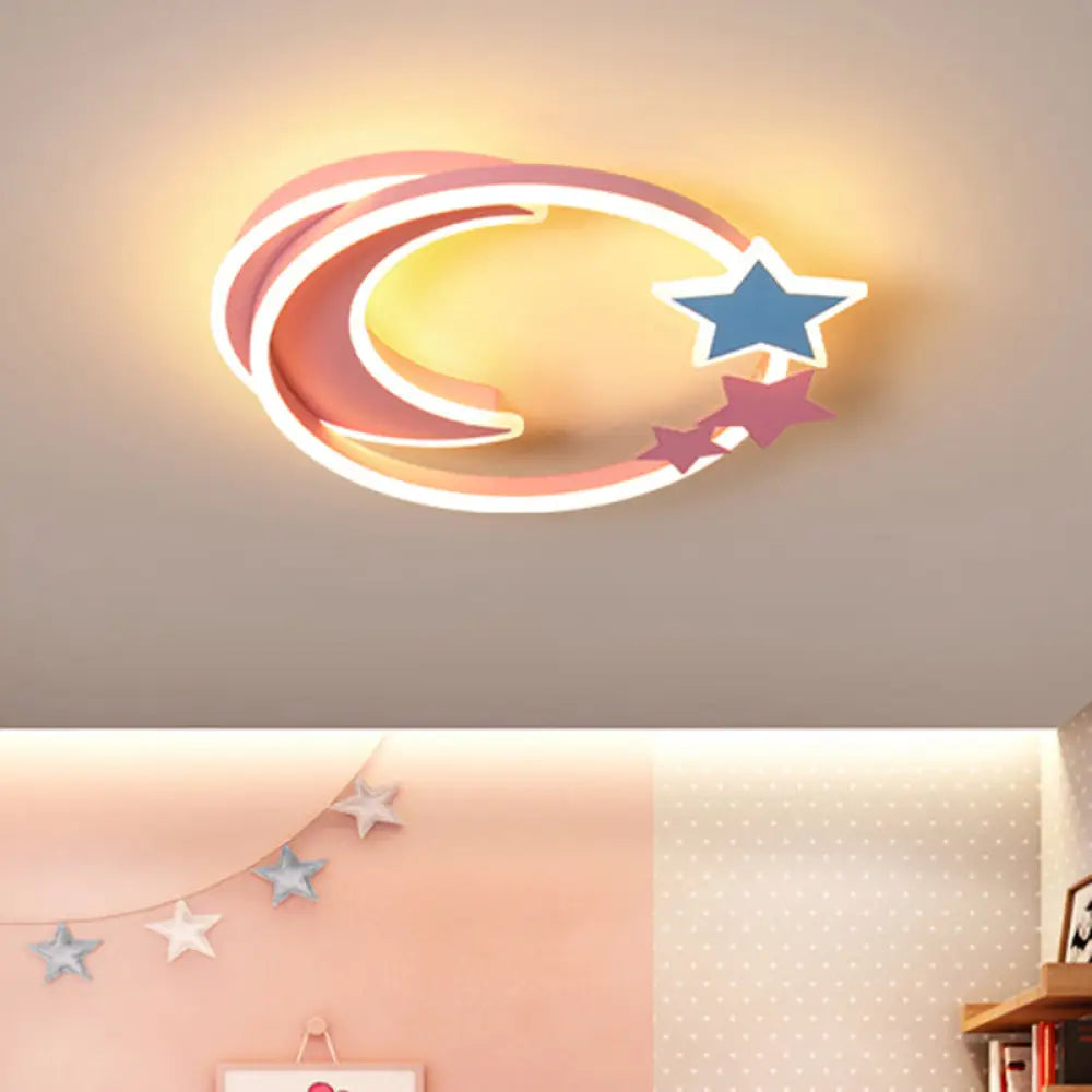 Cartoon Crescent And Star Flushmount Led Ceiling Light For Kids Bedroom Pink / 18.5’ Warm