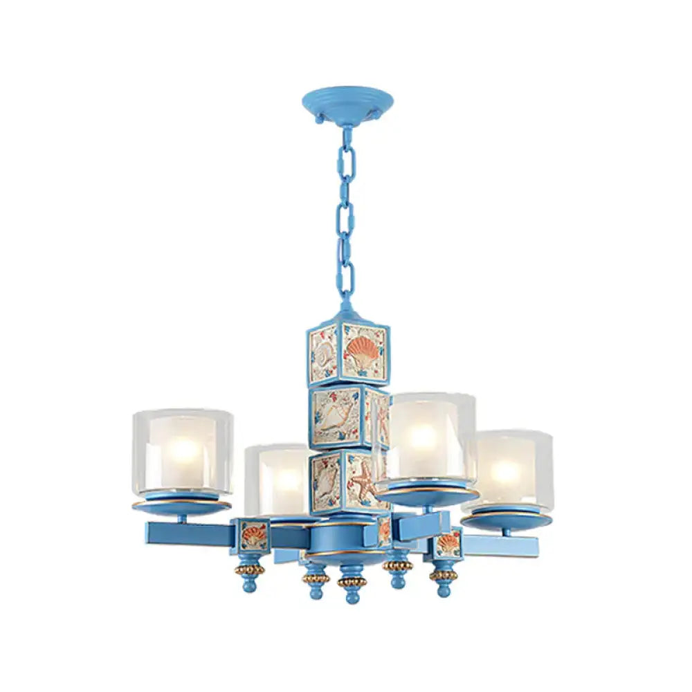Cartoon Cylinder Pendant Lamp With Shell Deco Metal 4 Lights Blue Chandelier For Kindergarten Dark