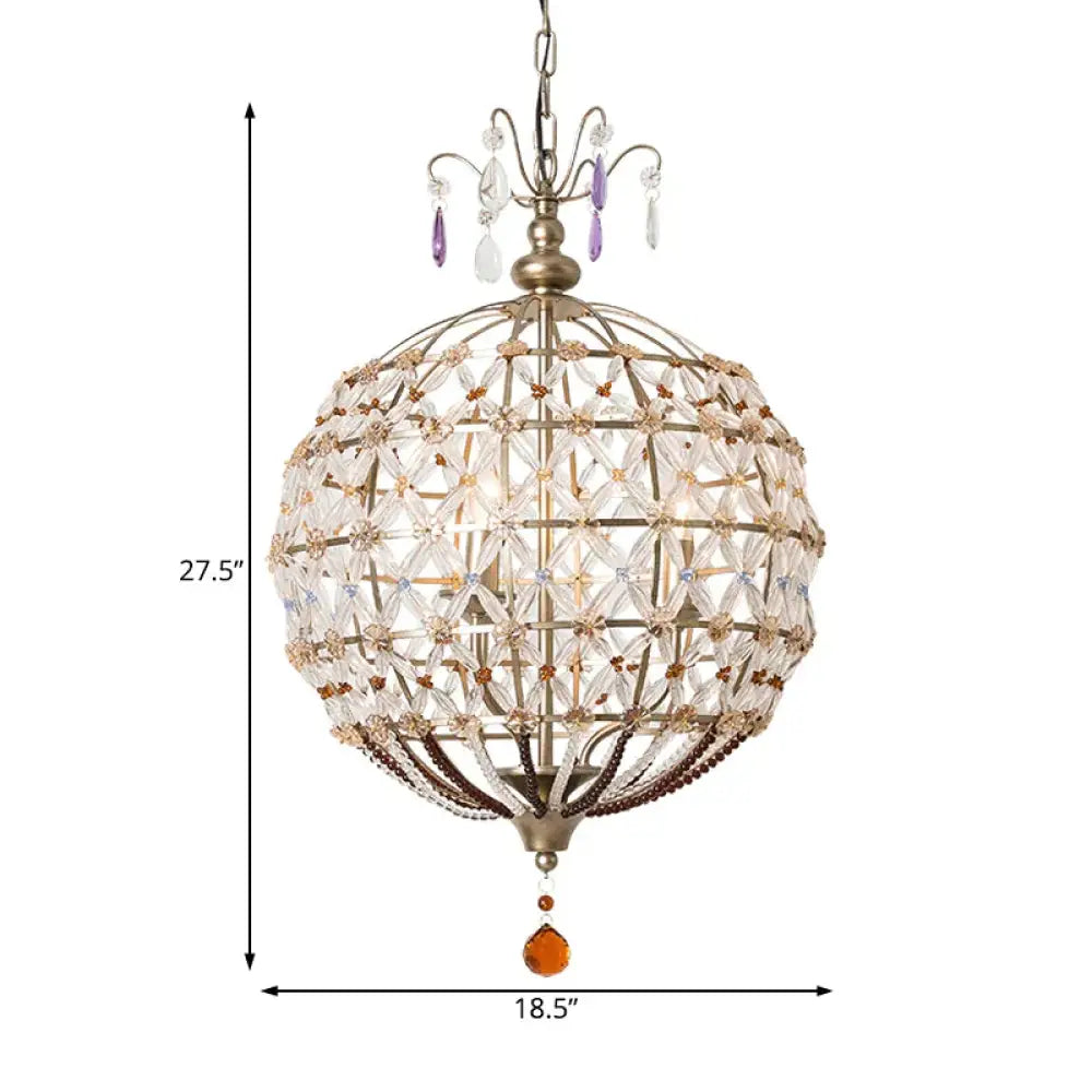 Champagne Globe Frame Chandelier Light Traditional Metal 4 Lights Dining Room Hanging With Crystal