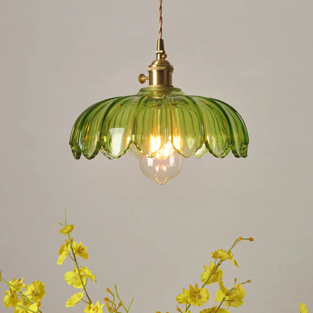 Chiara - Vintage Brass Pendant Light With Green Glass Scalloped Shade