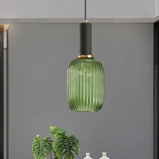 Chloe - Modernist 1 Light Grey/Green/Amber Ribbed Glass Ceiling Pendant Lamp Black / Green Capsule