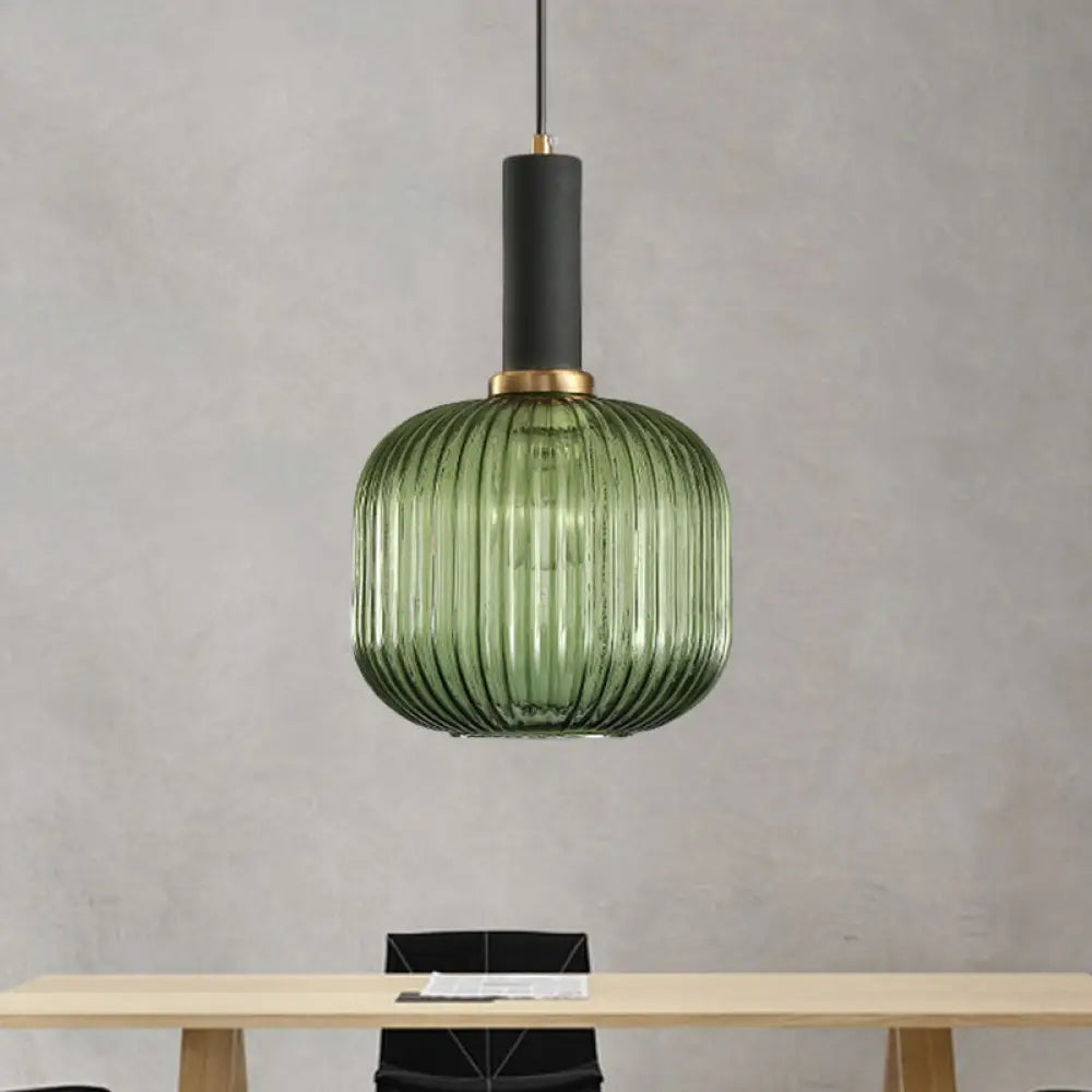 Chloe - Modernist 1 Light Grey/Green/Amber Ribbed Glass Ceiling Pendant Lamp Black / Green Cylinder