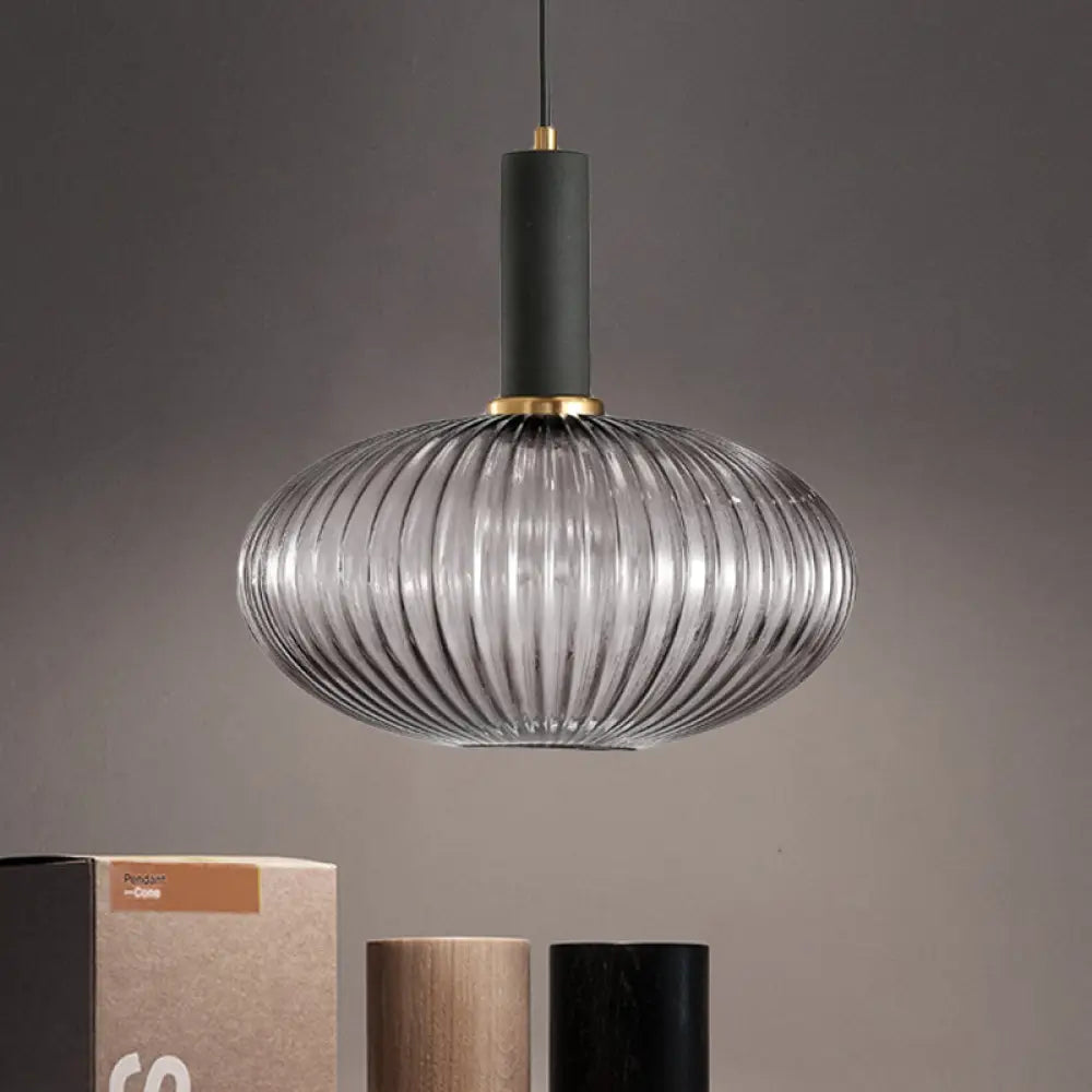 Chloe - Modernist 1 Light Grey/Green/Amber Ribbed Glass Ceiling Pendant Lamp Black / Gray Oval
