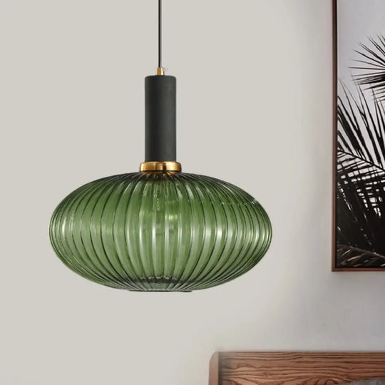 Chloe - Modernist 1 Light Grey/Green/Amber Ribbed Glass Ceiling Pendant Lamp Black / Green Oval