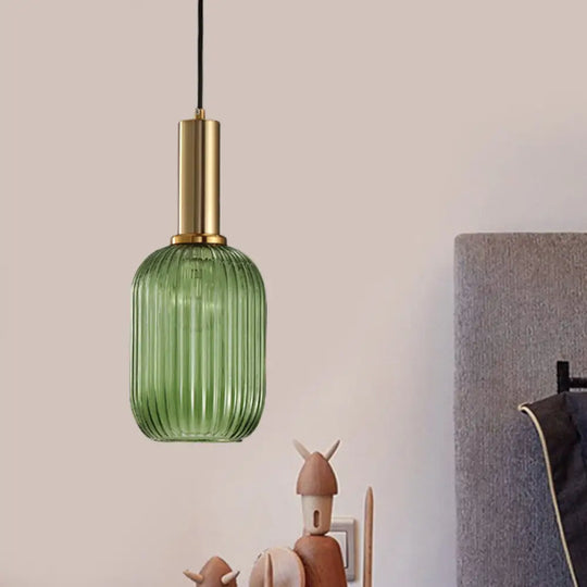 Chloe - Modernist 1 Light Grey/Green/Amber Ribbed Glass Ceiling Pendant Lamp Gold / Green Capsule