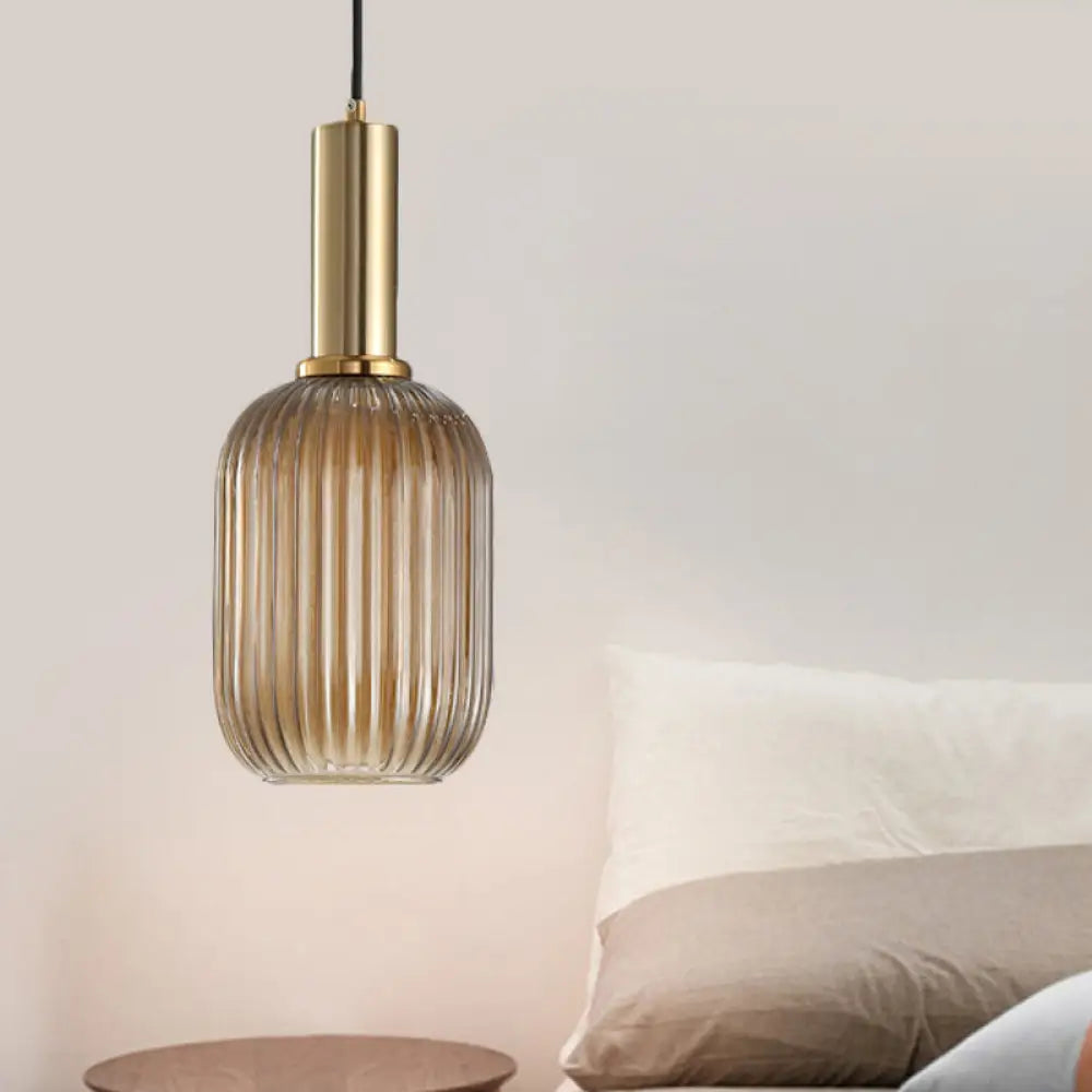 Chloe - Modernist 1 Light Grey/Green/Amber Ribbed Glass Ceiling Pendant Lamp Gold / Amber Capsule