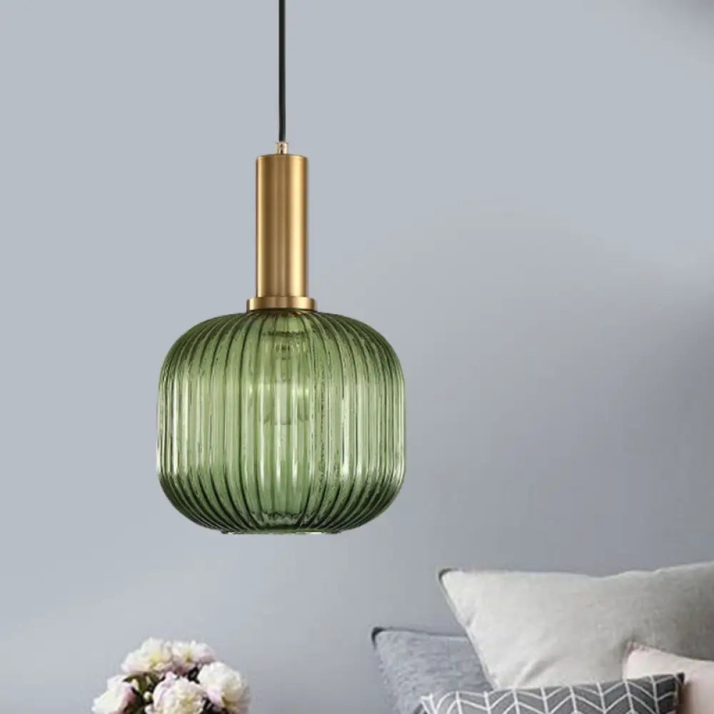 Chloe - Modernist 1 Light Grey/Green/Amber Ribbed Glass Ceiling Pendant Lamp Gold / Green Cylinder