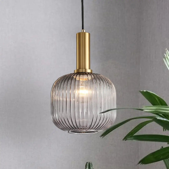 Chloe - Modernist 1 Light Grey/Green/Amber Ribbed Glass Ceiling Pendant Lamp Gold / Gray Cylinder