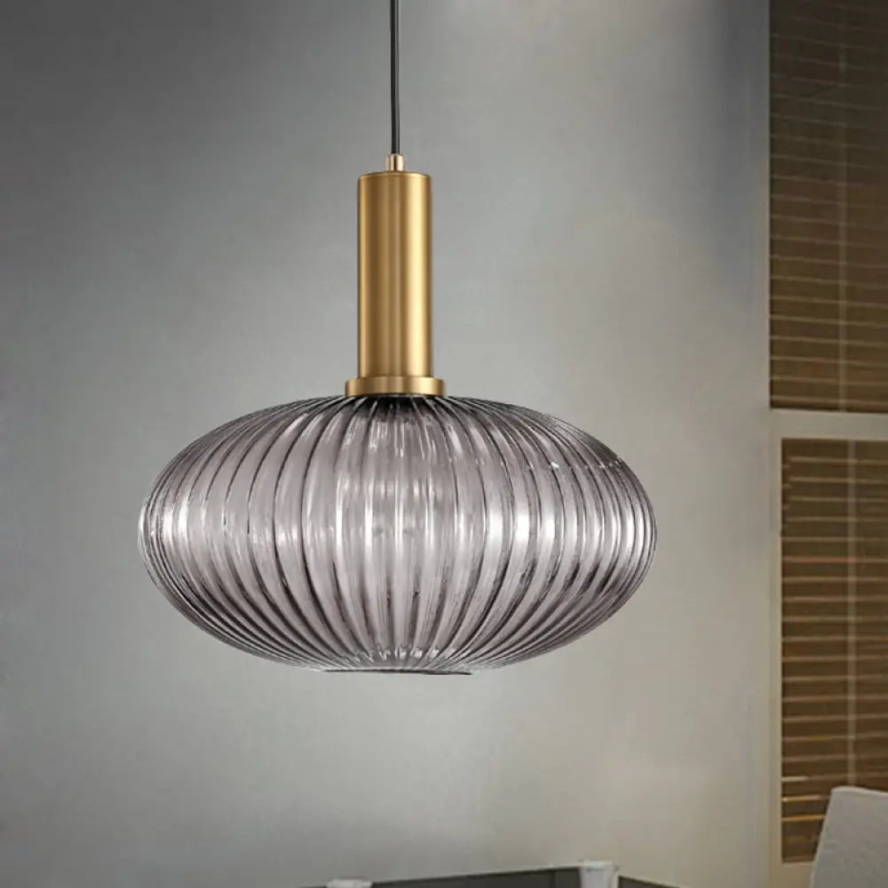 Chloe - Modernist 1 Light Grey/Green/Amber Ribbed Glass Ceiling Pendant Lamp Gold / Gray Oval