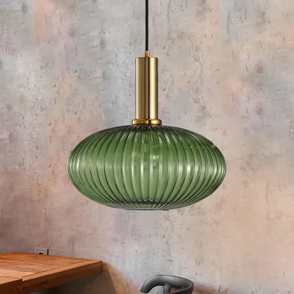Chloe - Modernist 1 Light Grey/Green/Amber Ribbed Glass Ceiling Pendant Lamp Gold / Green Oval