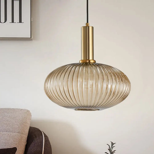 Chloe - Modernist 1 Light Grey/Green/Amber Ribbed Glass Ceiling Pendant Lamp Gold / Amber Oval